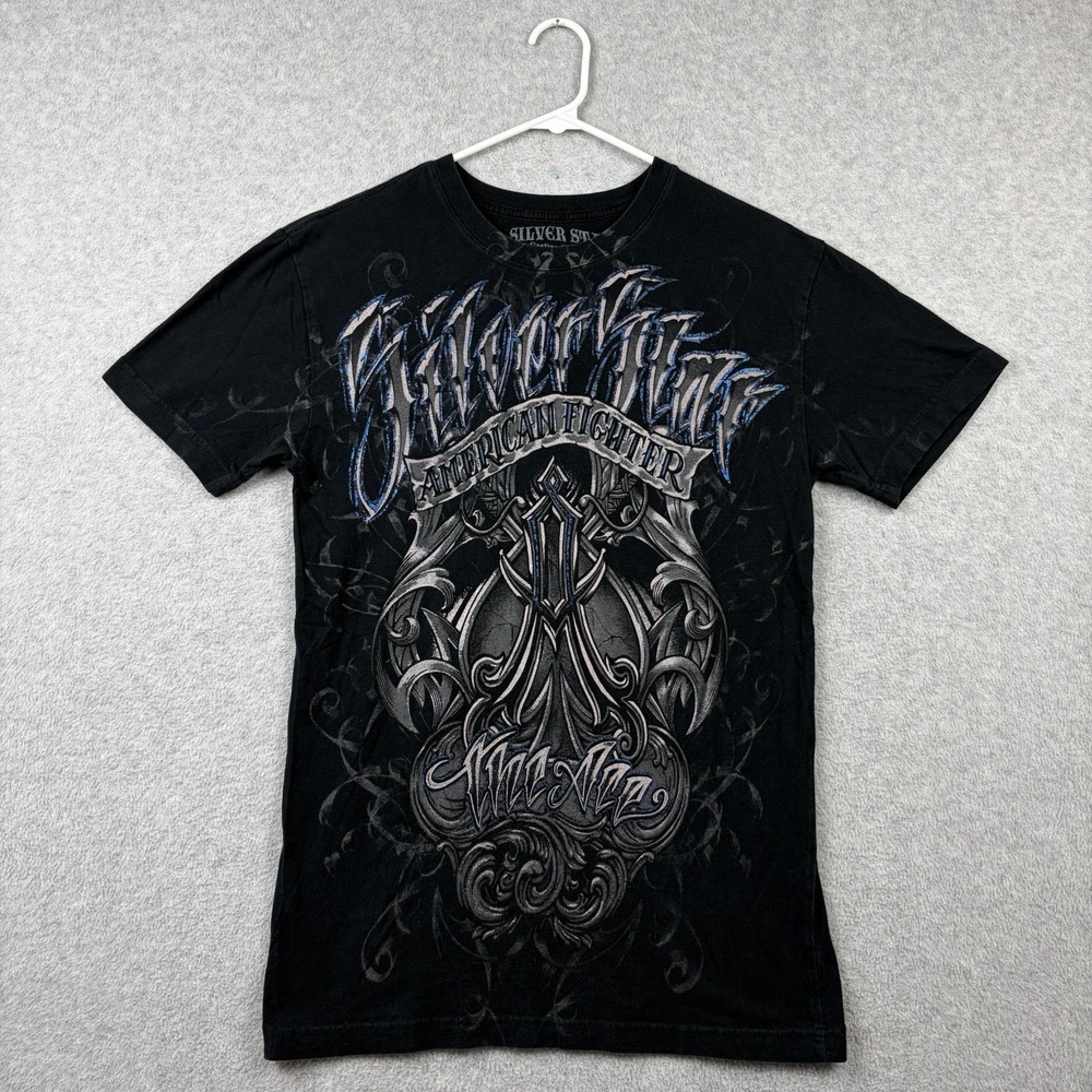 Silver‎ Star T Shirt Size Medium Black Affliction Style Y2K Punk MMA Grunge USA